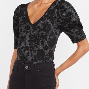 Express Metallic Black Floral Puff Sleeve Sweater